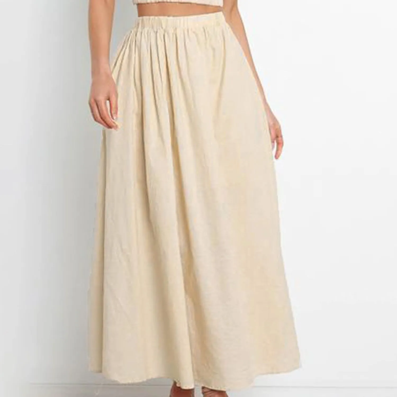 Rvidbe Womens Maxi Skirt Elastic High Waist Swing A-line Flowy Pleated Cotton Linen Long Skirts Summer Casual Boho Skirt