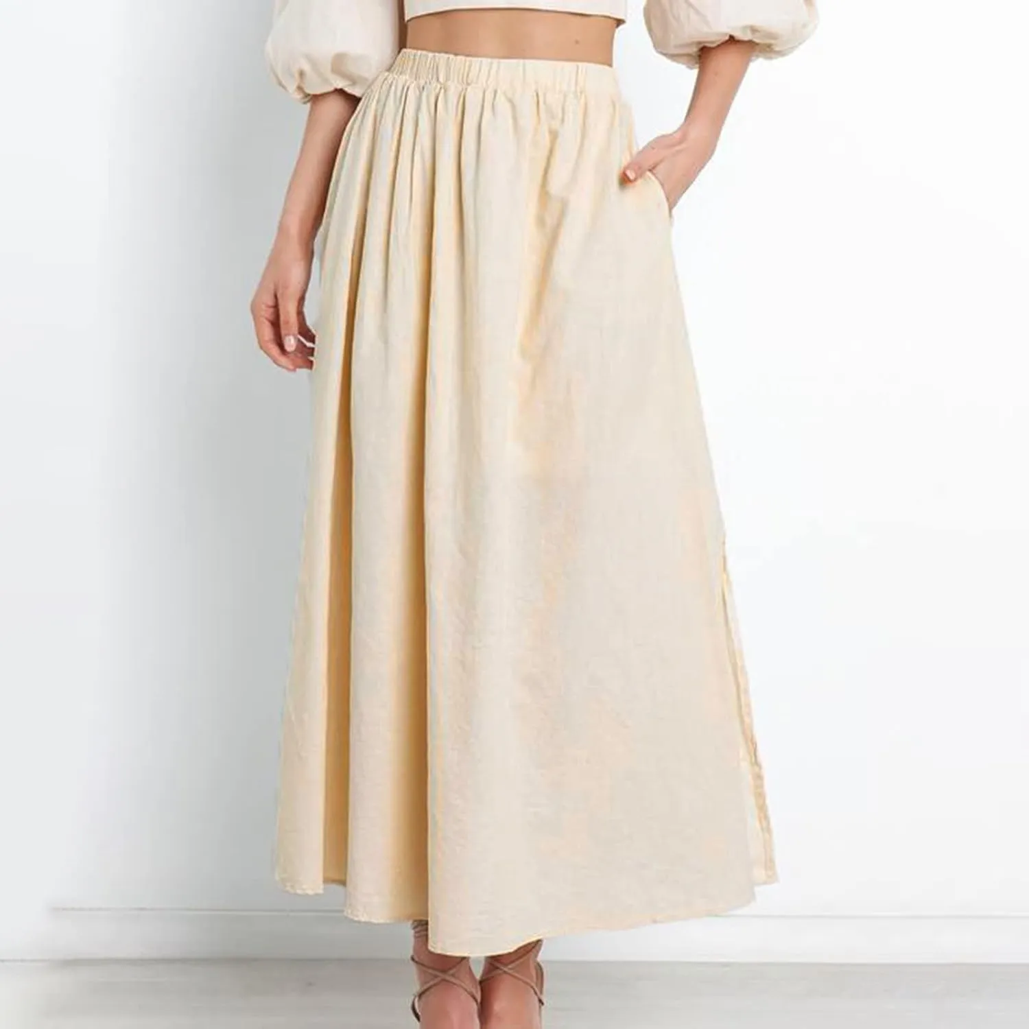 Rvidbe Womens Maxi Skirt Elastic High Waist Swing A-line Flowy Pleated Cotton Linen Long Skirts Summer Casual Boho Skirt