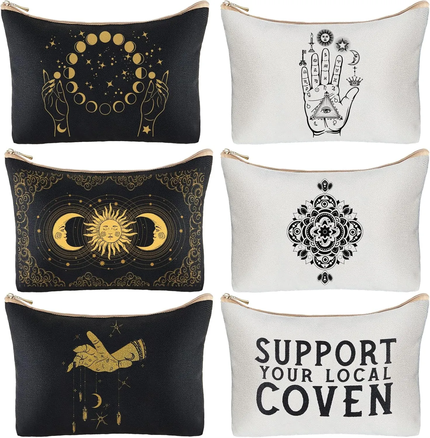 Saintrygo 6 Pcs Witchy Gifts Halloween Tarot Makeup Bag Tarot Cards Phase Aesthetic Moon Canvas Toiletry Cosmetic Bag for Witchcraft Lover Women Coven