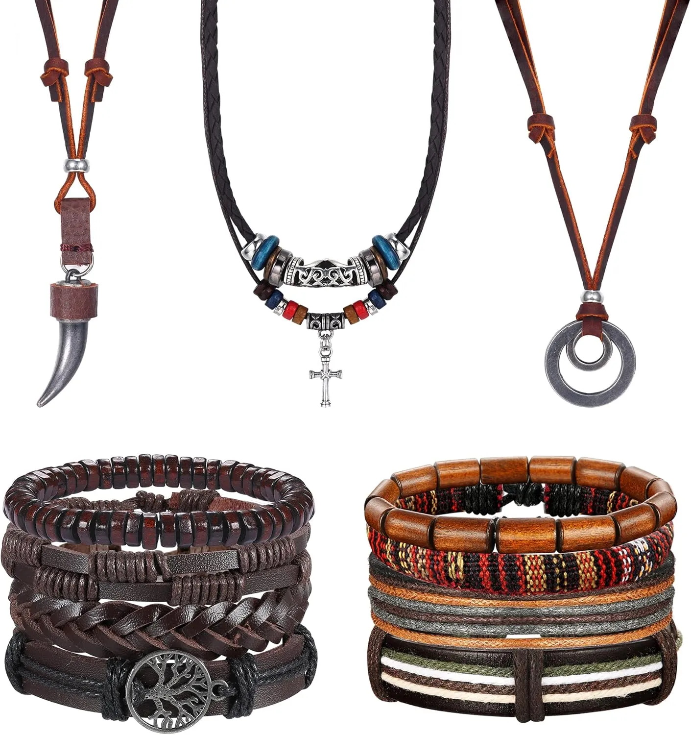 Sanfenly Leather Necklace Bracelet for Men Tribal Wolf Tooth Wood Bead Cross Pendant Necklaces Braided Wristband Vintage Brown Black Jewelry Set Adjustable
