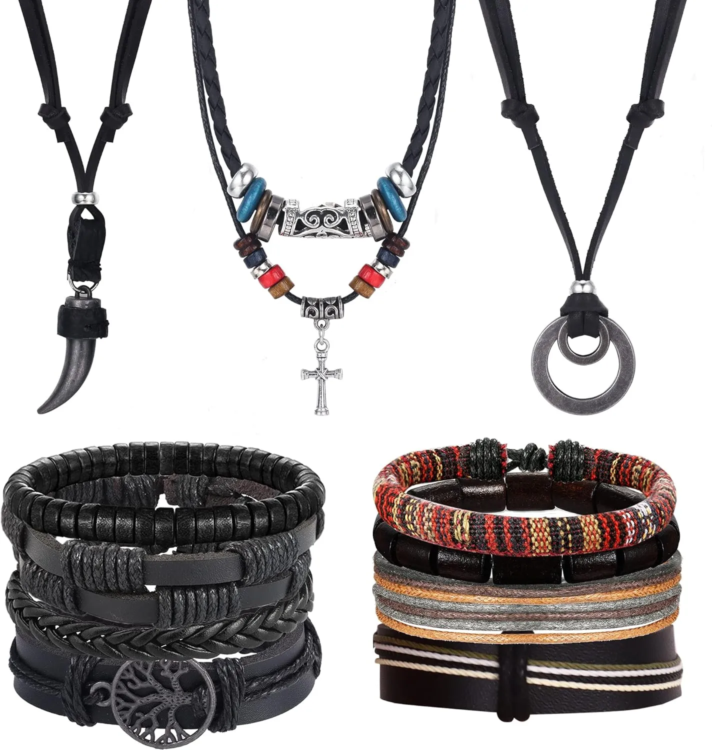 Sanfenly Leather Necklace Bracelet for Men Tribal Wolf Tooth Wood Bead Cross Pendant Necklaces Braided Wristband Vintage Brown Black Jewelry Set Adjustable