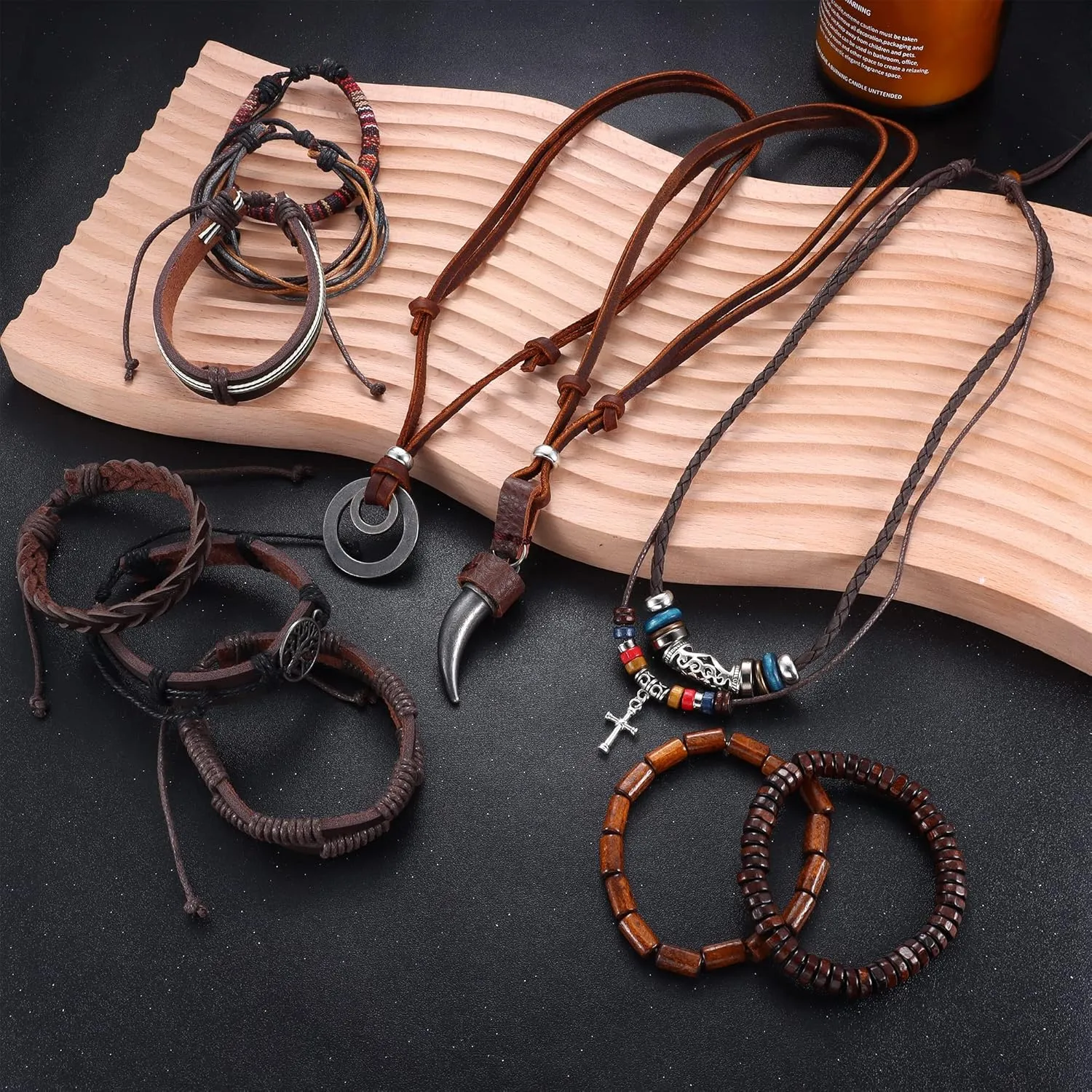 Sanfenly Leather Necklace Bracelet for Men Tribal Wolf Tooth Wood Bead Cross Pendant Necklaces Braided Wristband Vintage Brown Black Jewelry Set Adjustable