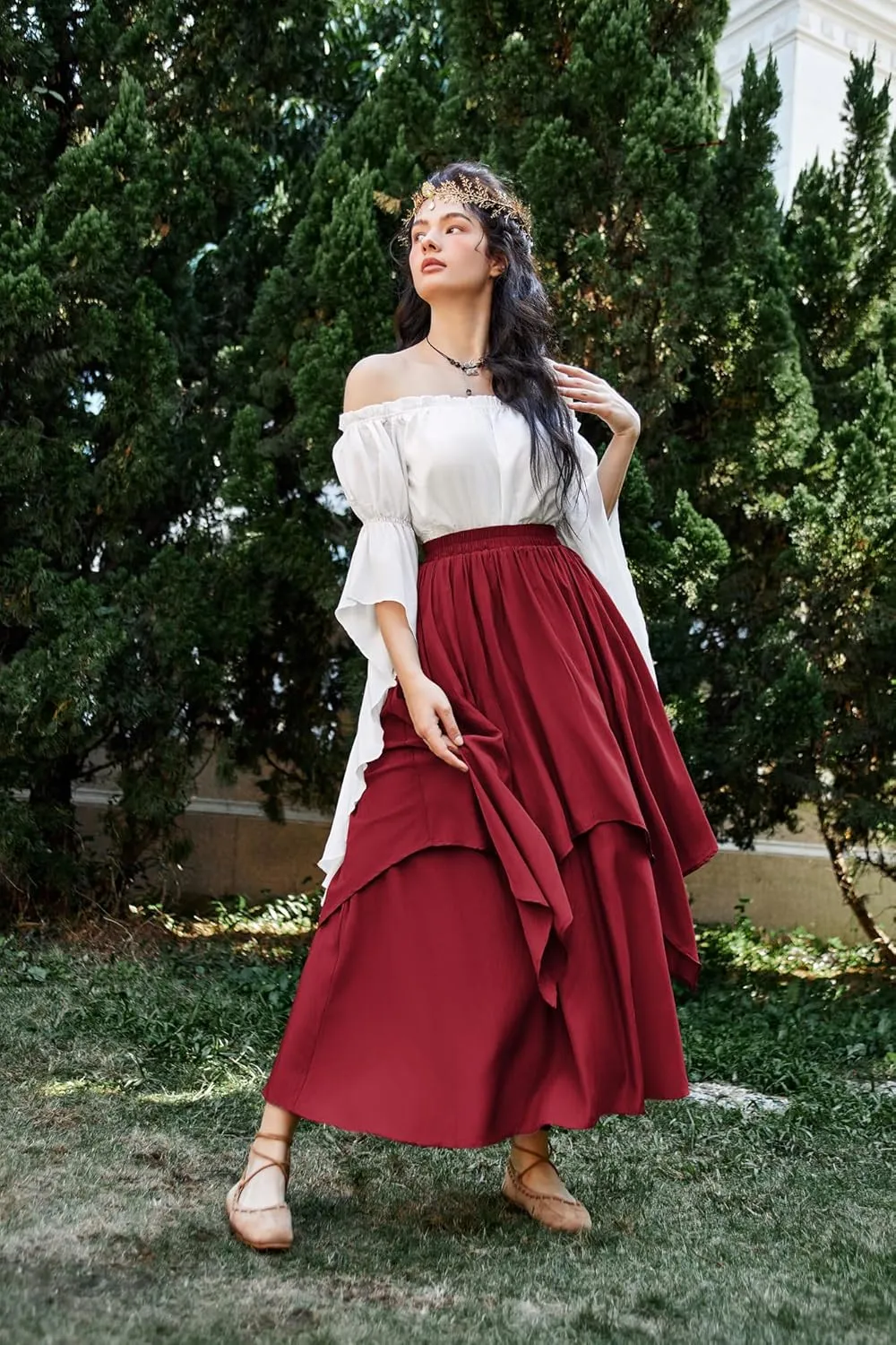 Scarlet Darkness Renaissance Skirts for Women Double Layered Long Skirt with Pockets