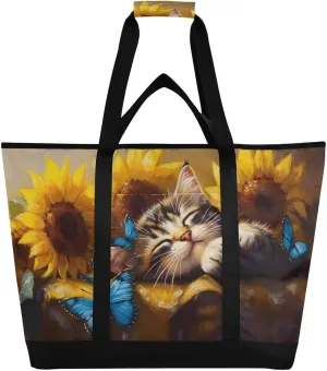 Scottish Fold Cat Cute Large Insulated Reusable Tote Bag for Grocery Shopping for Women Men, Cooler Bag with Zippered Top & Handles for Travel Beach Picnic