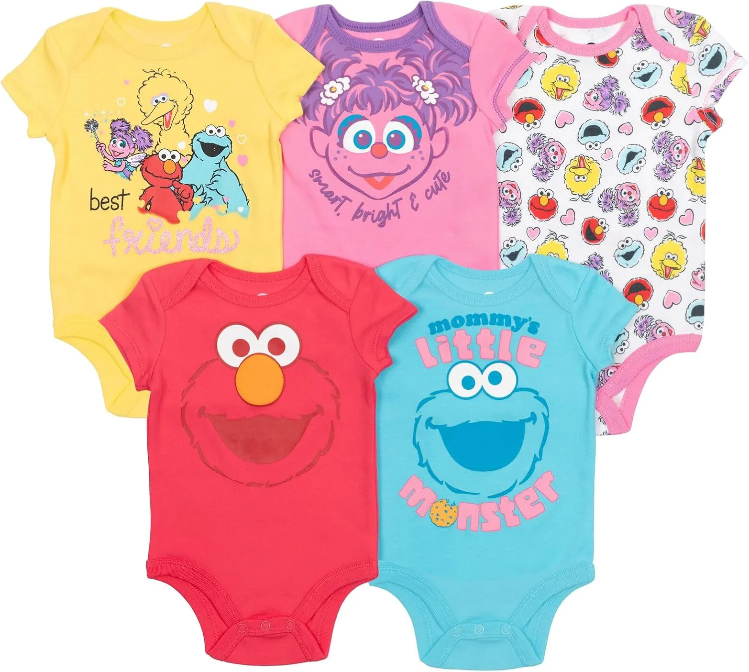 Sesame Street Elmo Oscar the Grouch Big Bird Abby Cadabby Baby 5 Pack Bodysuits Newborn to Infant