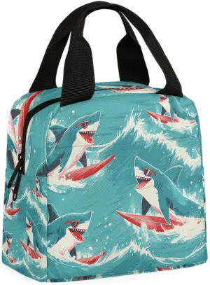Shark Surfing Lunch Bag Funny Shark Tote Lunch Bag Reusable Lunch Box Leakproof Cooler Bag