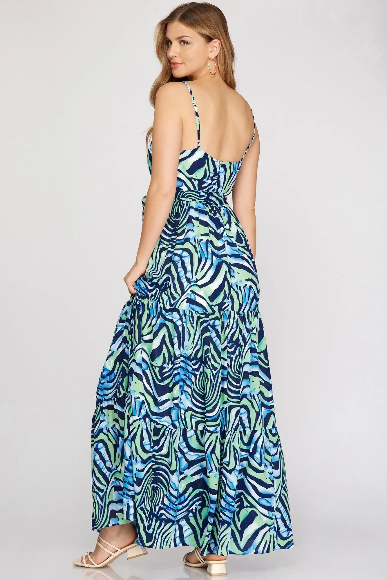 She And Sky Surplice Cami Printed Woven Tiered Maxi Dress In Navy