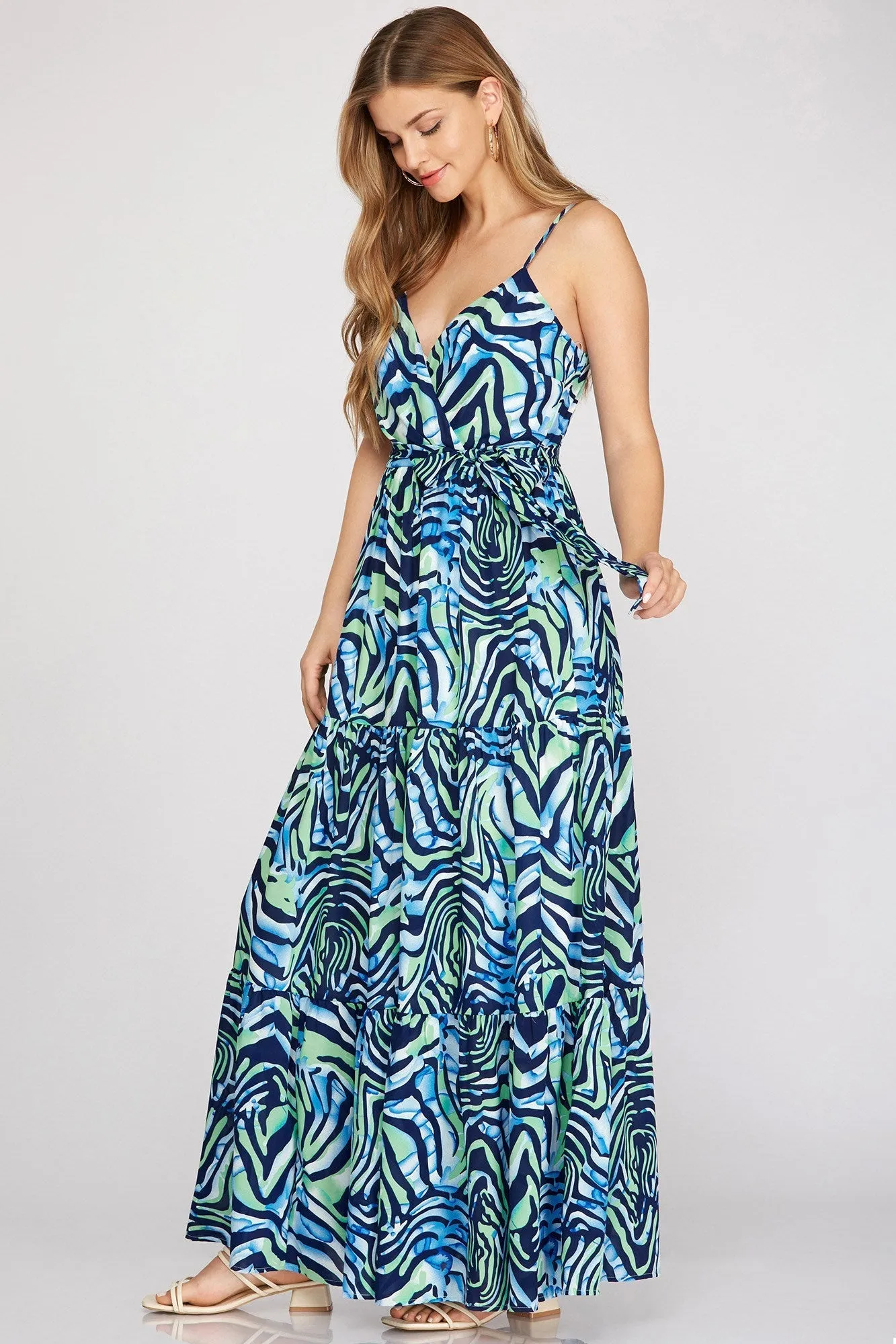 She And Sky Surplice Cami Printed Woven Tiered Maxi Dress In Navy