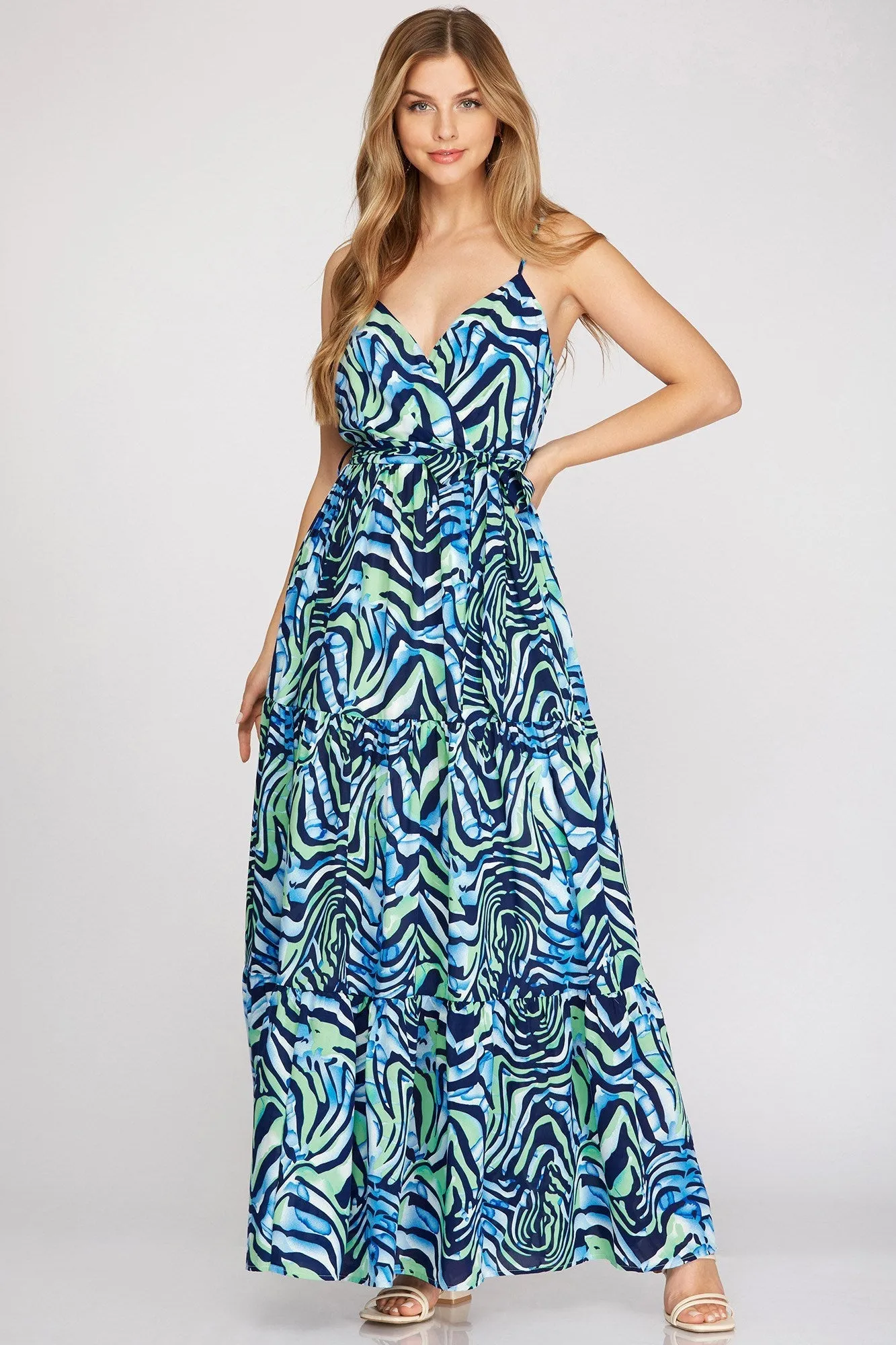 She And Sky Surplice Cami Printed Woven Tiered Maxi Dress In Navy