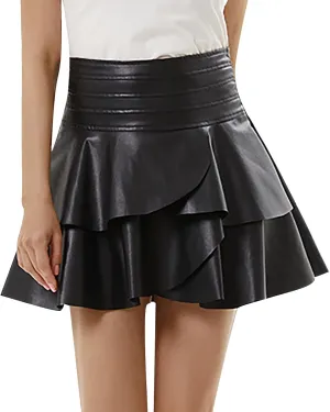 Short Mini Skirts for Women Faux Leather Pleated Skirt Trendy High Waisted Leather Pleated Solid Ruffle Skirt