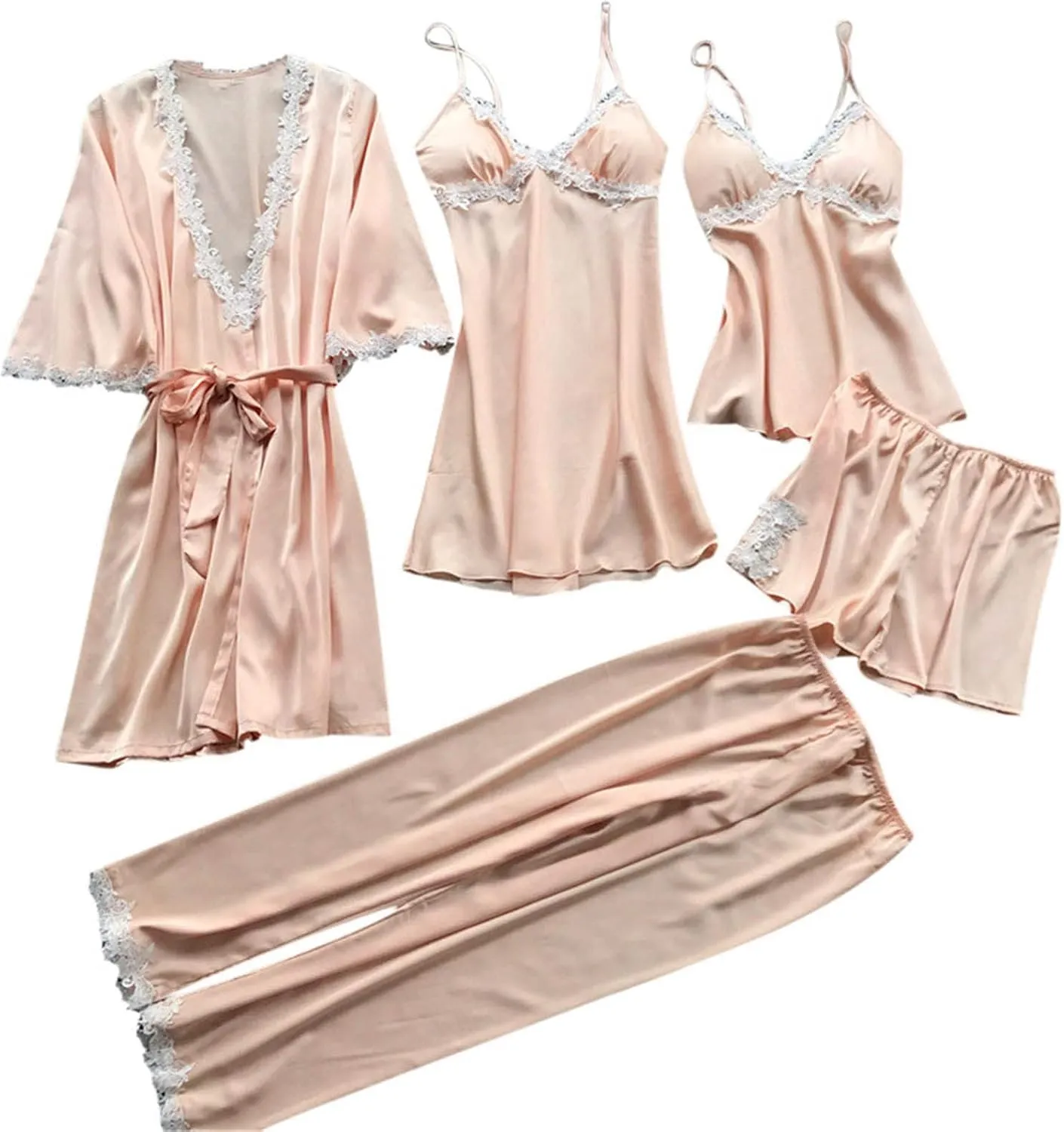Silk Pajamas for Women Sexy 5pcs Summer Satin Sleepwear Set Lace Trim Robe Cami Shorts Pants Dress Soft Loungwear Set