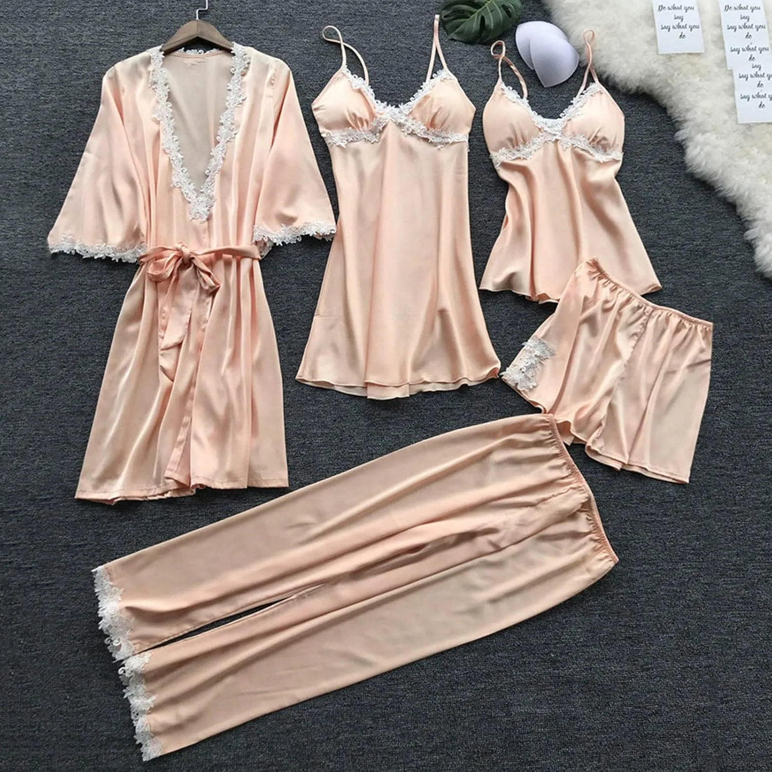 Silk Pajamas for Women Sexy 5pcs Summer Satin Sleepwear Set Lace Trim Robe Cami Shorts Pants Dress Soft Loungwear Set