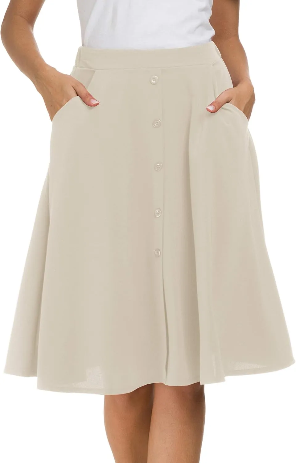 Sinono Womens Casual Pleated High Waisted A Line Midi Button Front Skirts with Pockets