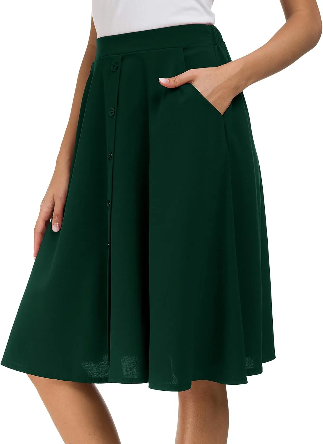 Sinono Womens Casual Pleated High Waisted A Line Midi Button Front Skirts with Pockets