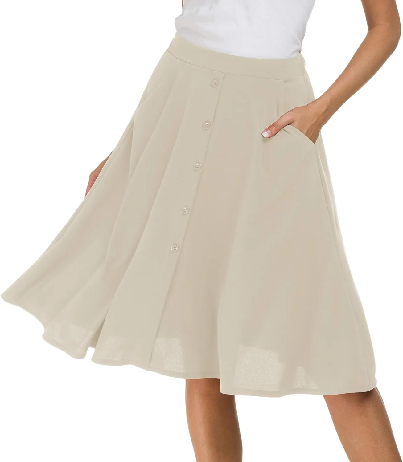 Sinono Womens Casual Pleated High Waisted A Line Midi Button Front Skirts with Pockets