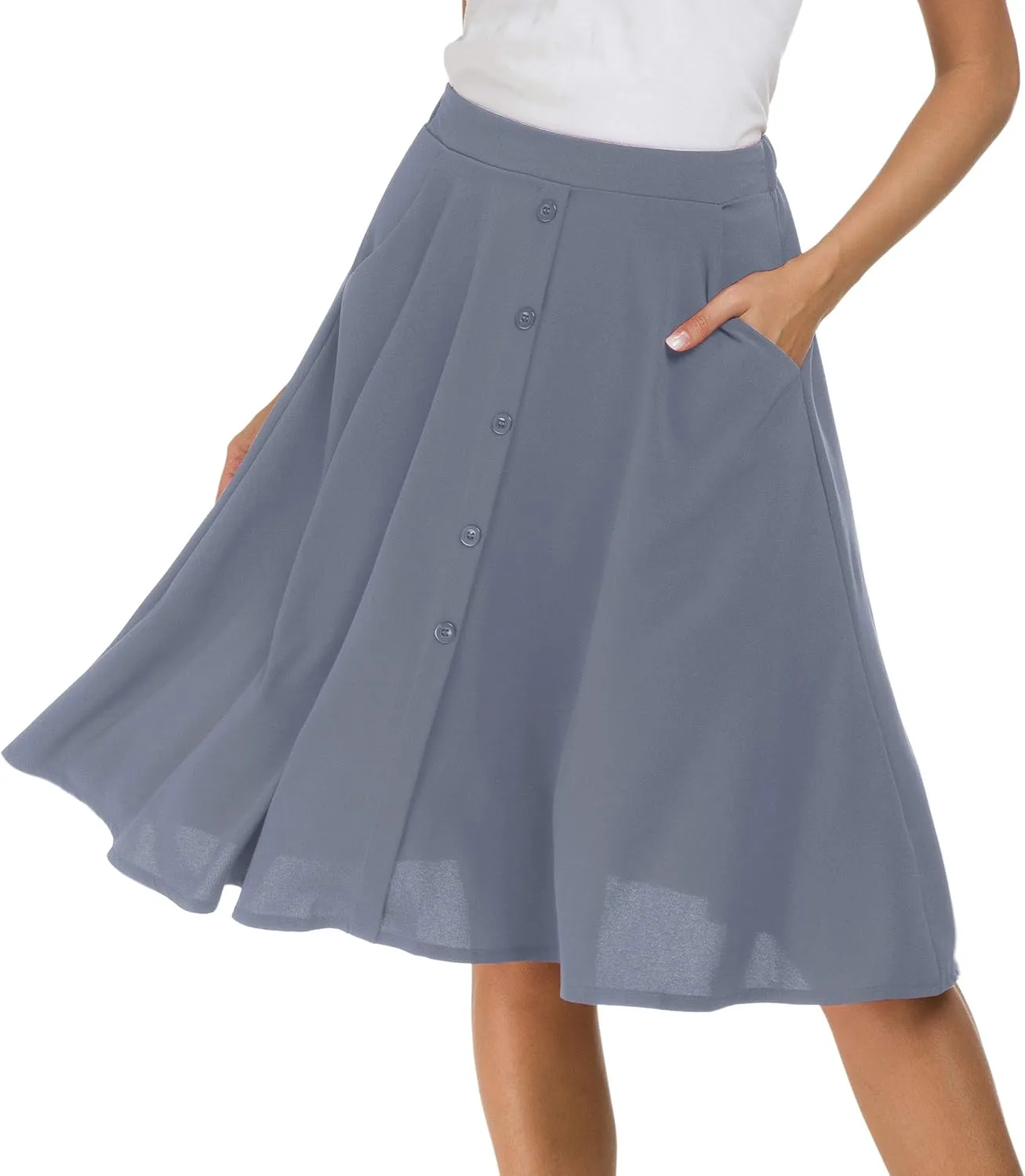 Sinono Womens Casual Pleated High Waisted A Line Midi Button Front Skirts with Pockets