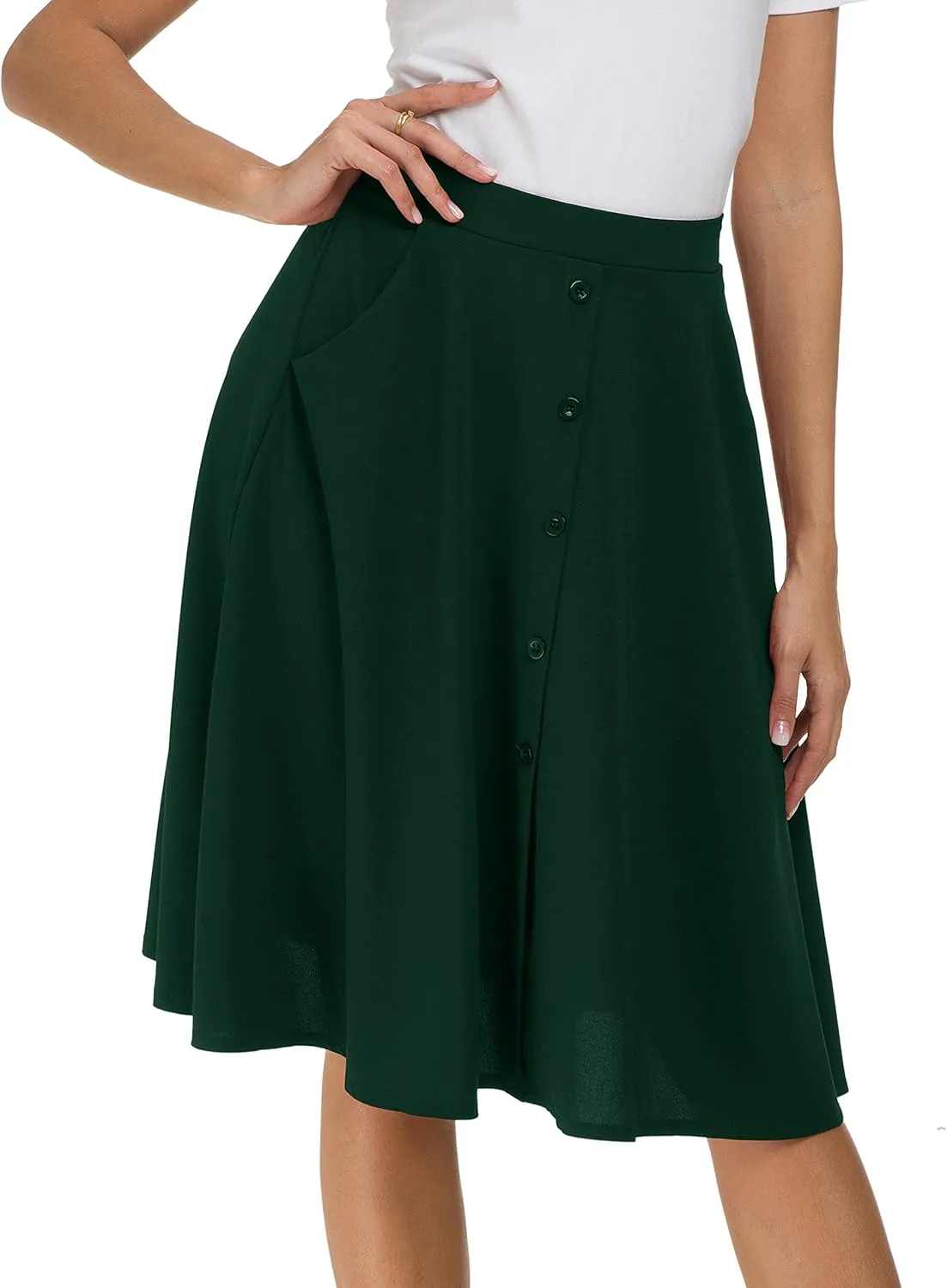 Sinono Womens Casual Pleated High Waisted A Line Midi Button Front Skirts with Pockets