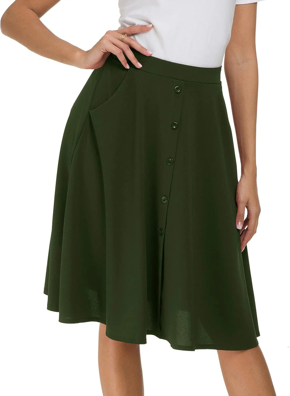 Sinono Womens Casual Pleated High Waisted A Line Midi Button Front Skirts with Pockets