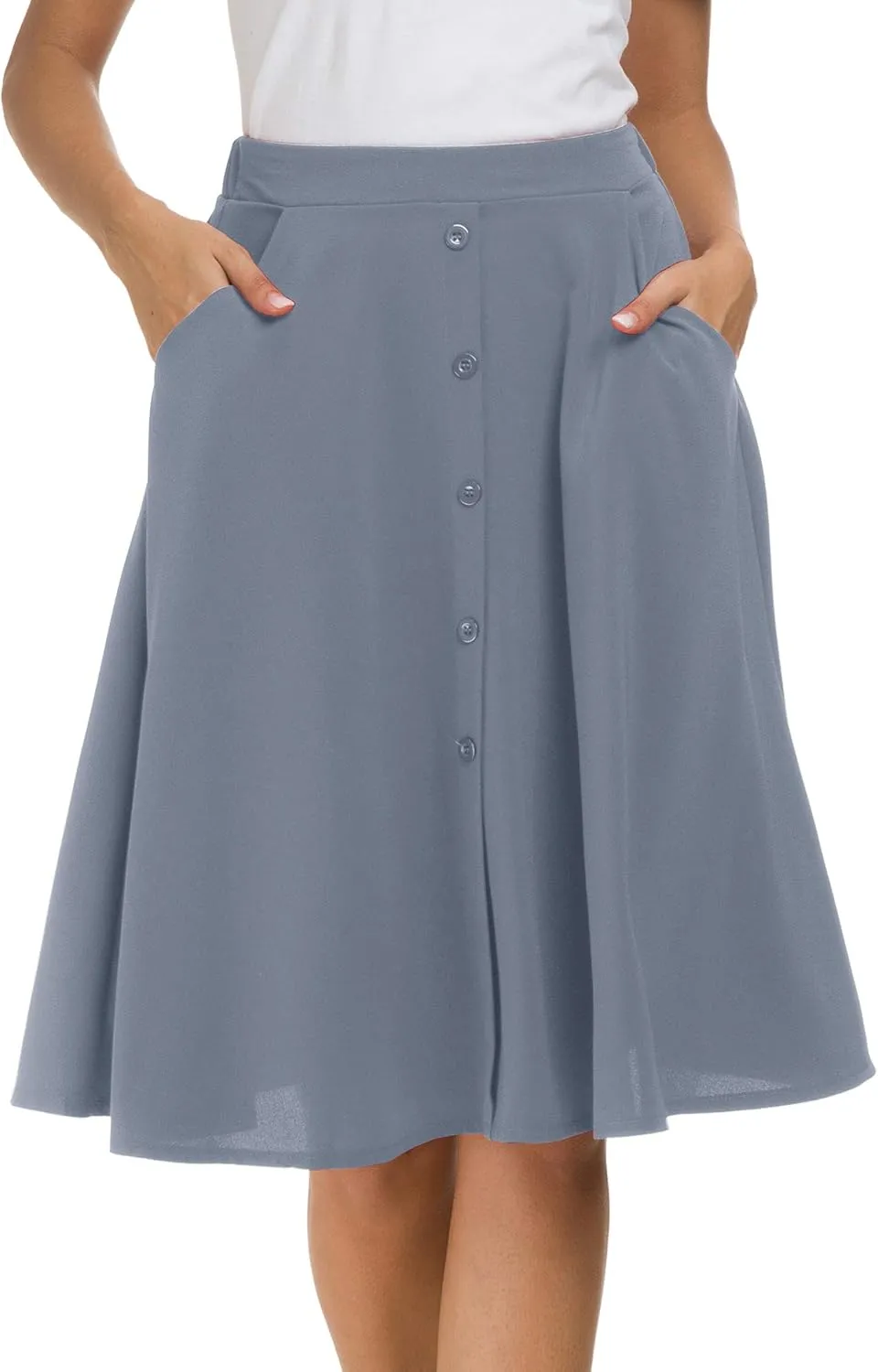 Sinono Womens Casual Pleated High Waisted A Line Midi Button Front Skirts with Pockets