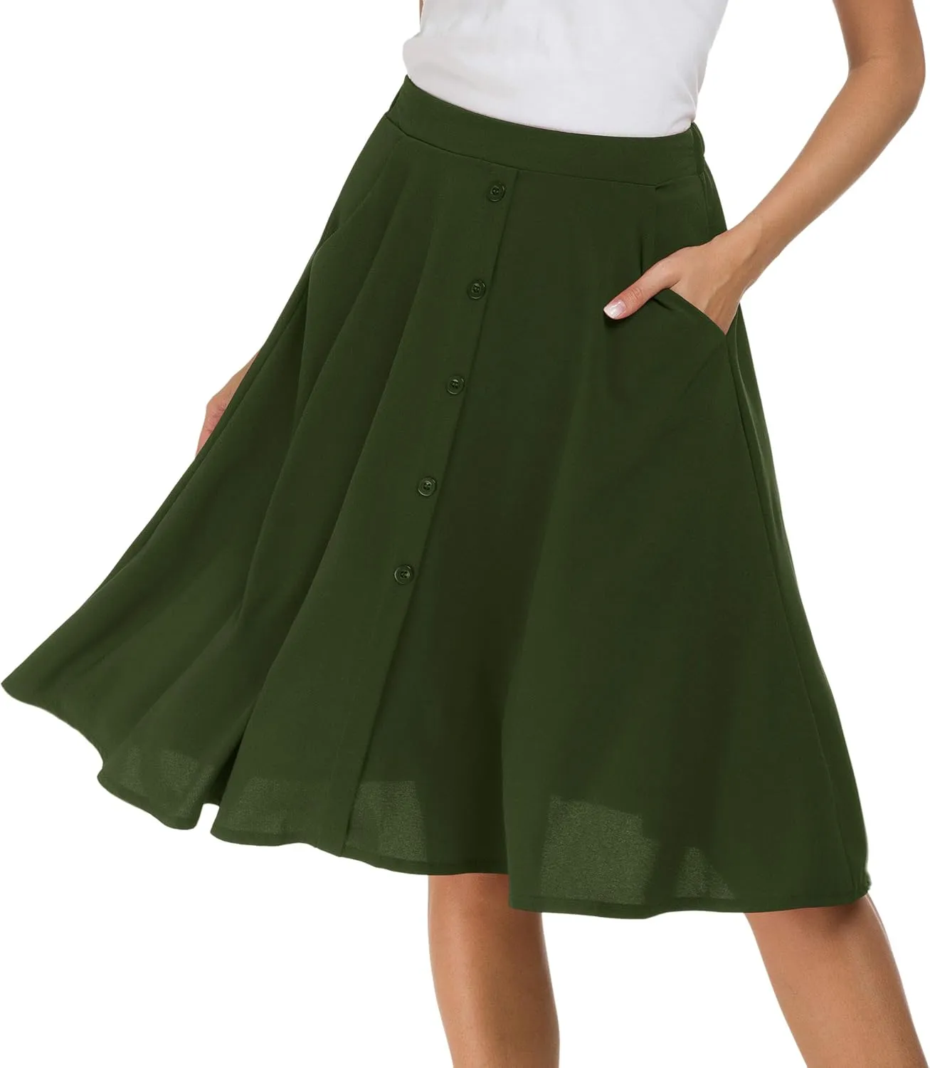 Sinono Womens Casual Pleated High Waisted A Line Midi Button Front Skirts with Pockets