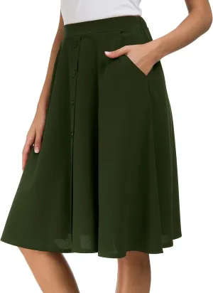 Sinono Womens Casual Pleated High Waisted A Line Midi Button Front Skirts with Pockets