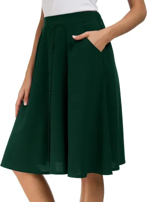 Sinono Womens Casual Pleated High Waisted A Line Midi Button Front Skirts with Pockets