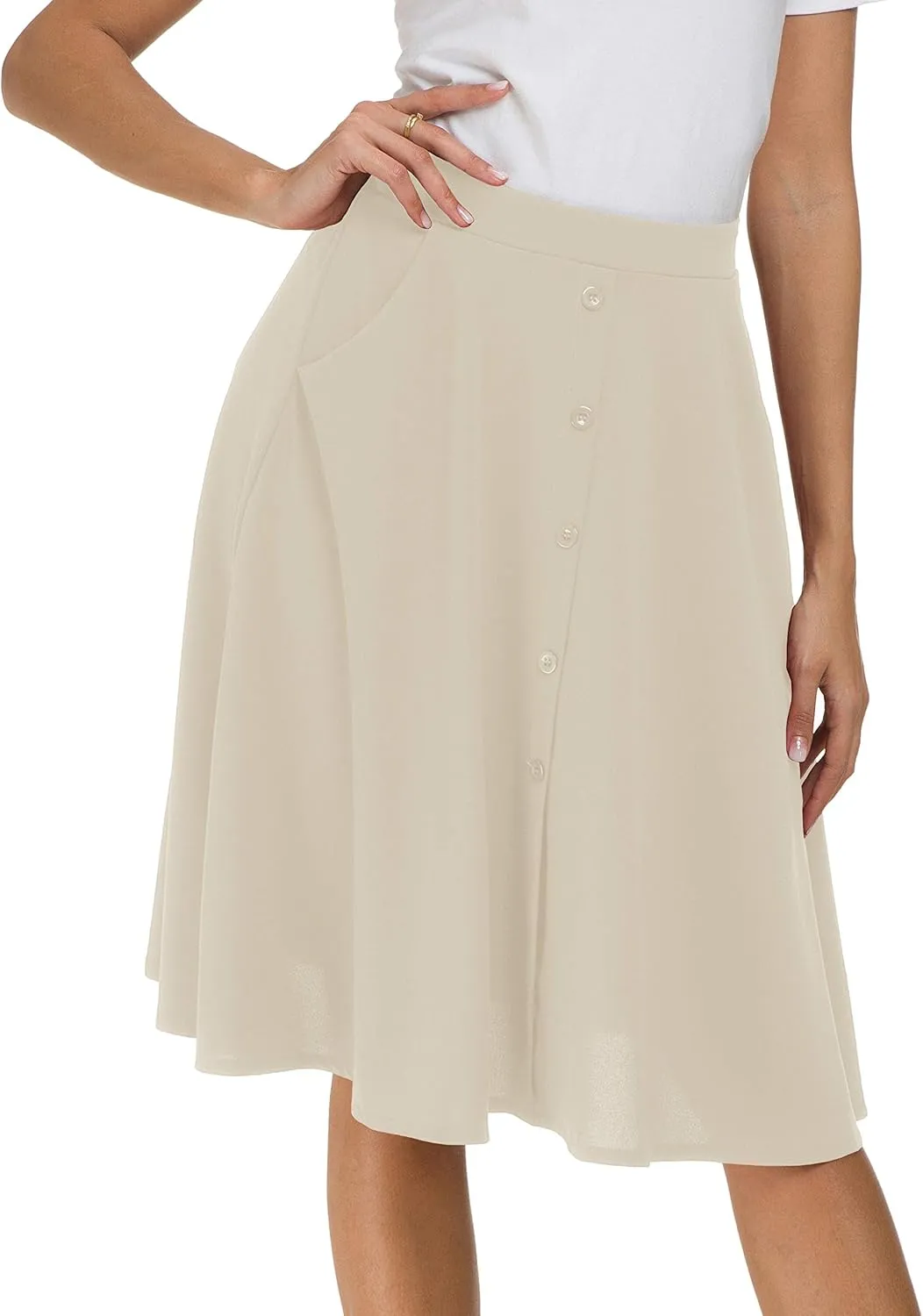 Sinono Womens Casual Pleated High Waisted A Line Midi Button Front Skirts with Pockets