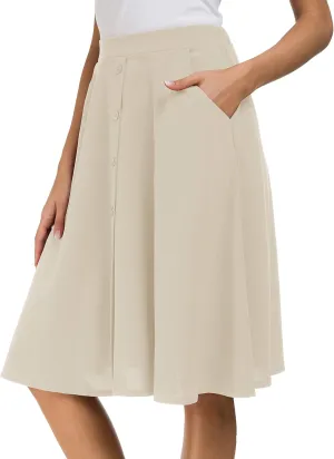 Sinono Womens Casual Pleated High Waisted A Line Midi Button Front Skirts with Pockets