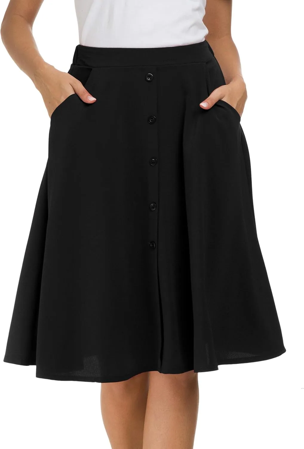 Sinono Womens Casual Pleated High Waisted A Line Midi Button Front Skirts with Pockets