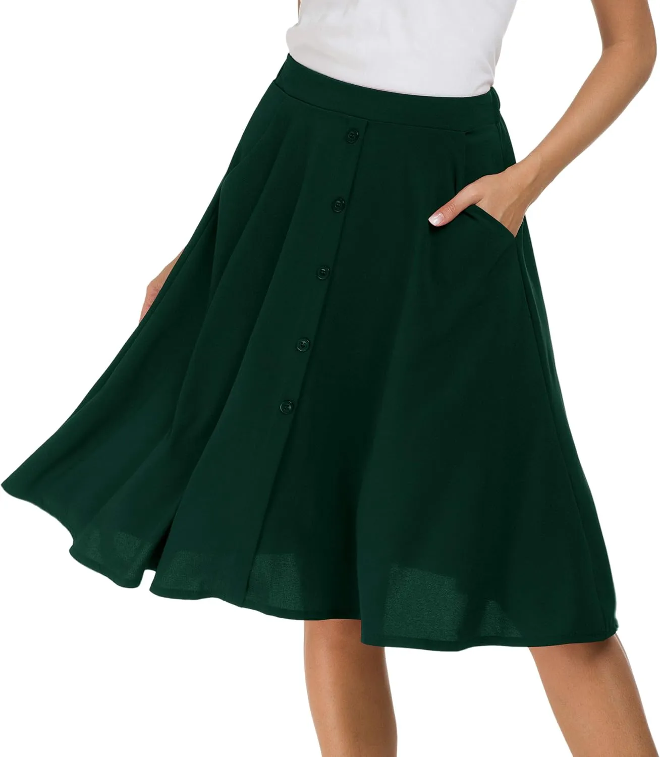 Sinono Womens Casual Pleated High Waisted A Line Midi Button Front Skirts with Pockets