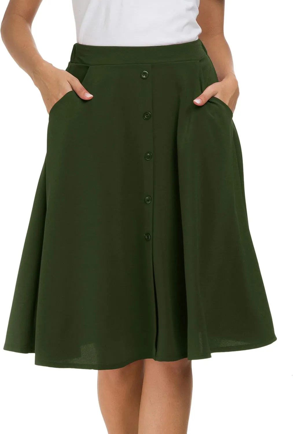 Sinono Womens Casual Pleated High Waisted A Line Midi Button Front Skirts with Pockets