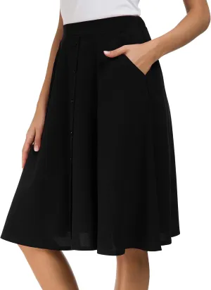 Sinono Womens Casual Pleated High Waisted A Line Midi Button Front Skirts with Pockets