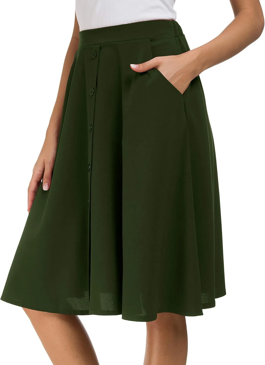 Sinono Womens Casual Pleated High Waisted A Line Midi Button Front Skirts with Pockets
