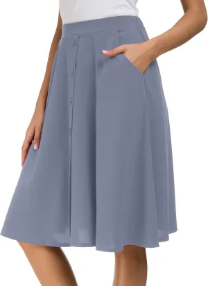 Sinono Womens Casual Pleated High Waisted A Line Midi Button Front Skirts with Pockets
