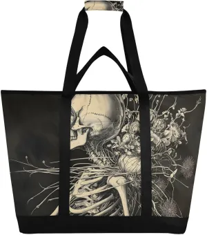 Skeleton Florals Black White Large Insulated Reusable Tote Bag for Grocery Shopping for Women Men, Cooler Bag with Zippered Top & Handles for Travel Beach Picnic