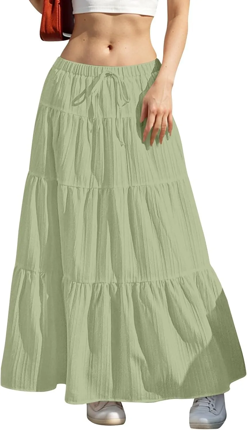 Skirt for Women Summer 2025 Trendy Boho Elastic High Waisted A-Line Flowy Ruffle Swing Long Tiered Maxi Skirts