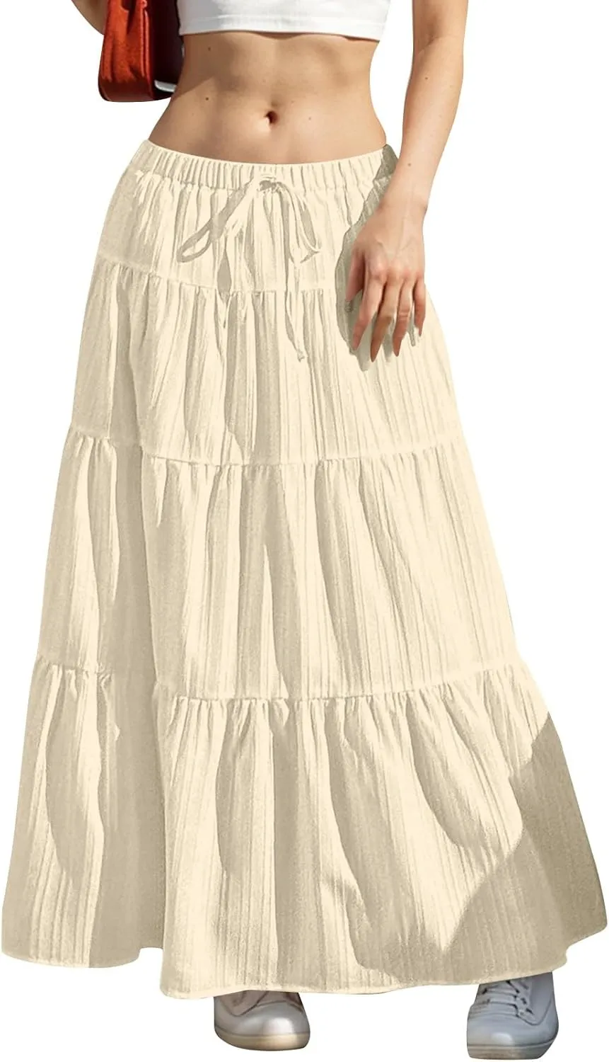 Skirt for Women Summer 2025 Trendy Boho Elastic High Waisted A-Line Flowy Ruffle Swing Long Tiered Maxi Skirts