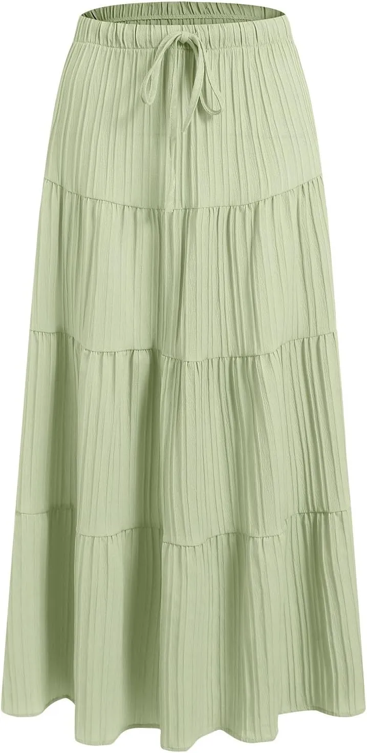 Skirt for Women Summer 2025 Trendy Boho Elastic High Waisted A-Line Flowy Ruffle Swing Long Tiered Maxi Skirts