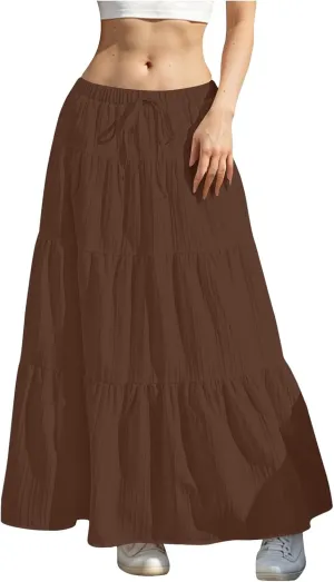 Skirt for Women Summer 2025 Trendy Boho Elastic High Waisted A-Line Flowy Ruffle Swing Long Tiered Maxi Skirts