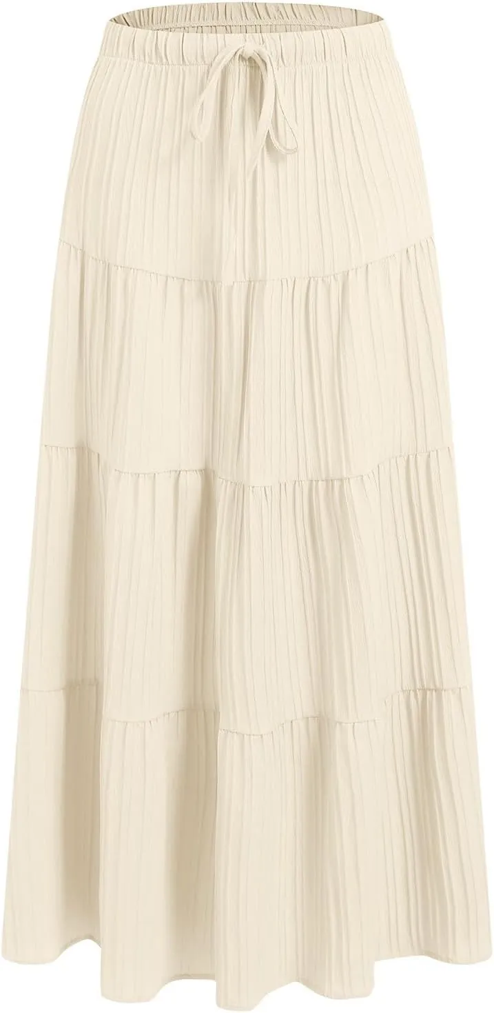 Skirt for Women Summer 2025 Trendy Boho Elastic High Waisted A-Line Flowy Ruffle Swing Long Tiered Maxi Skirts