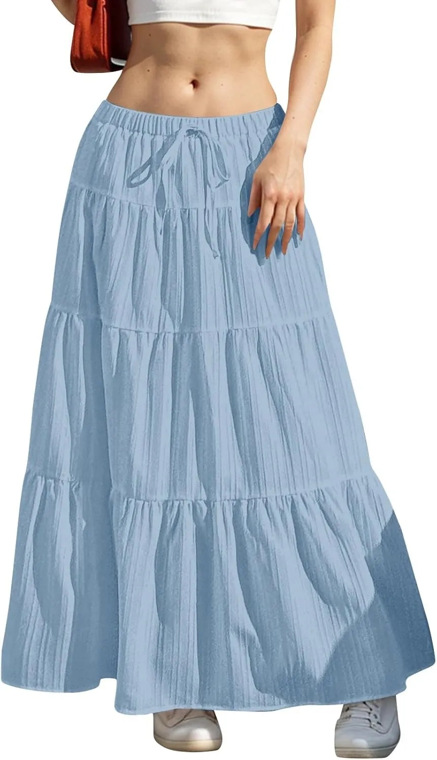 Skirt for Women Summer 2025 Trendy Boho Elastic High Waisted A-Line Flowy Ruffle Swing Long Tiered Maxi Skirts