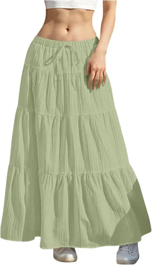 Skirt for Women Summer 2025 Trendy Boho Elastic High Waisted A-Line Flowy Ruffle Swing Long Tiered Maxi Skirts