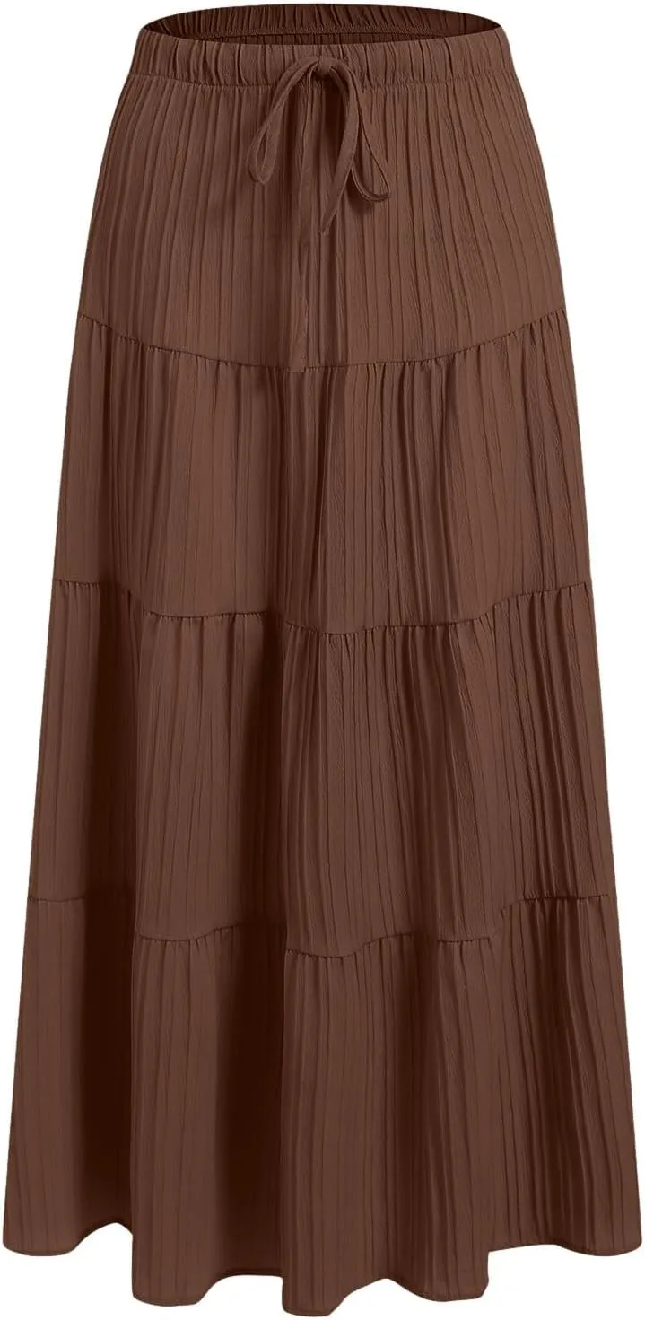 Skirt for Women Summer 2025 Trendy Boho Elastic High Waisted A-Line Flowy Ruffle Swing Long Tiered Maxi Skirts