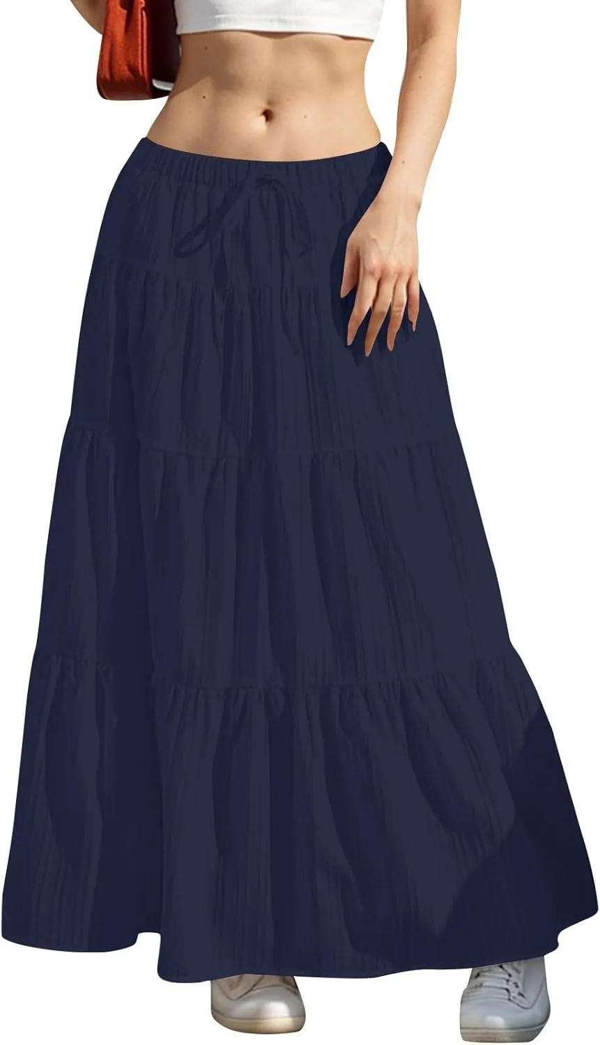 Skirt for Women Summer 2025 Trendy Boho Elastic High Waisted A-Line Flowy Ruffle Swing Long Tiered Maxi Skirts