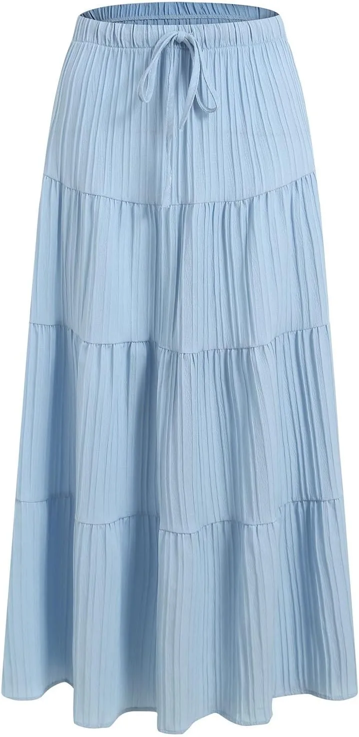 Skirt for Women Summer 2025 Trendy Boho Elastic High Waisted A-Line Flowy Ruffle Swing Long Tiered Maxi Skirts