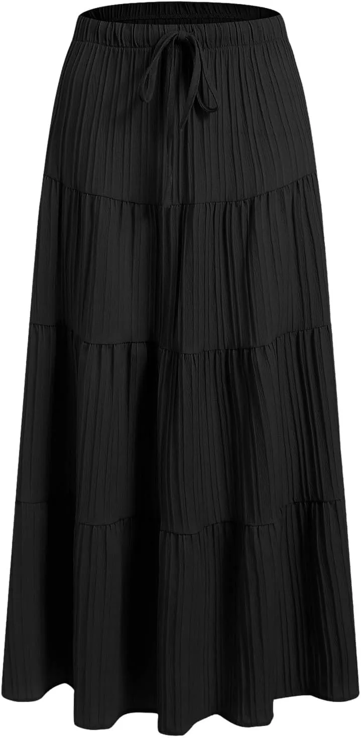 Skirt for Women Summer 2025 Trendy Boho Elastic High Waisted A-Line Flowy Ruffle Swing Long Tiered Maxi Skirts