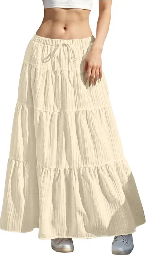 Skirt for Women Summer 2025 Trendy Boho Elastic High Waisted A-Line Flowy Ruffle Swing Long Tiered Maxi Skirts