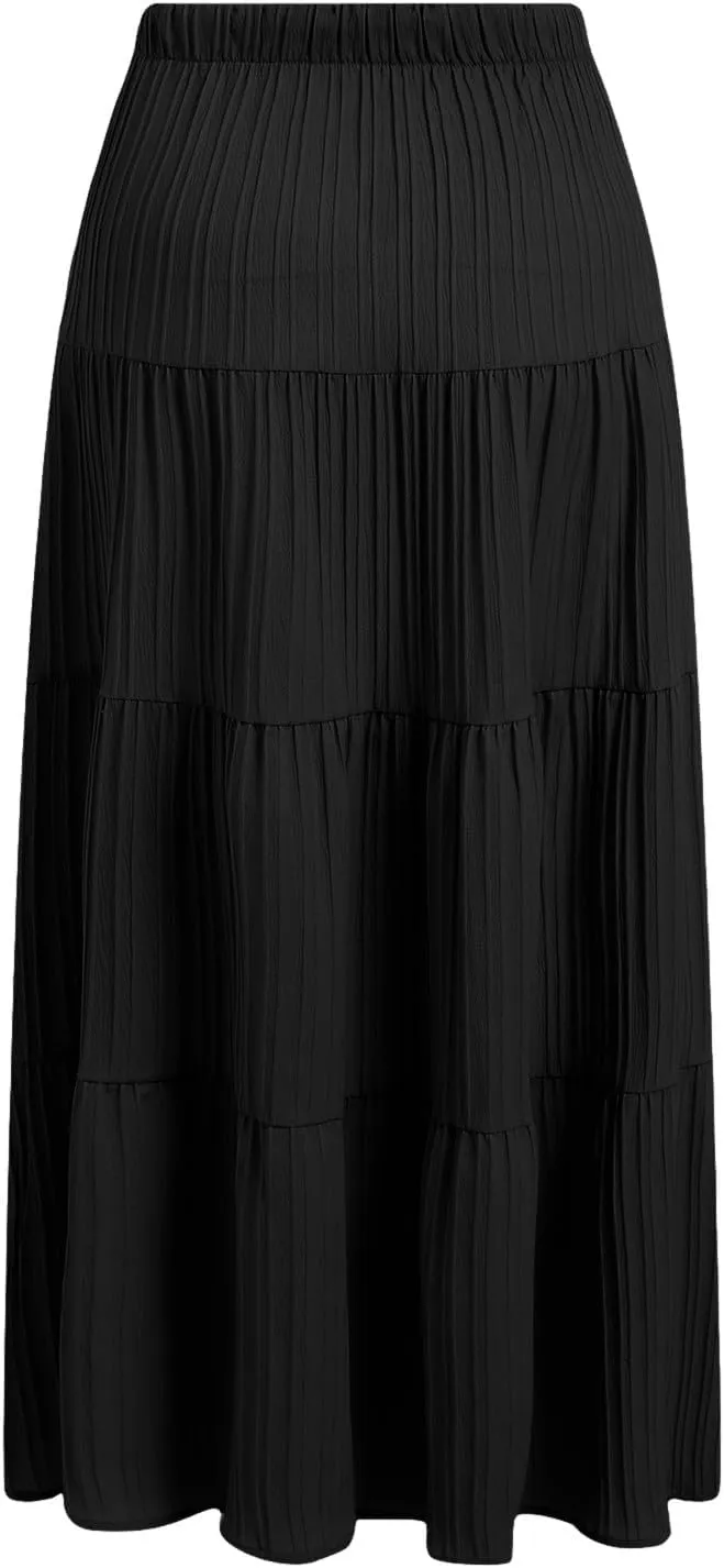 Skirt for Women Summer 2025 Trendy Boho Elastic High Waisted A-Line Flowy Ruffle Swing Long Tiered Maxi Skirts