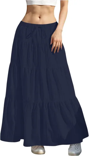 Skirt for Women Summer 2025 Trendy Boho Elastic High Waisted A-Line Flowy Ruffle Swing Long Tiered Maxi Skirts