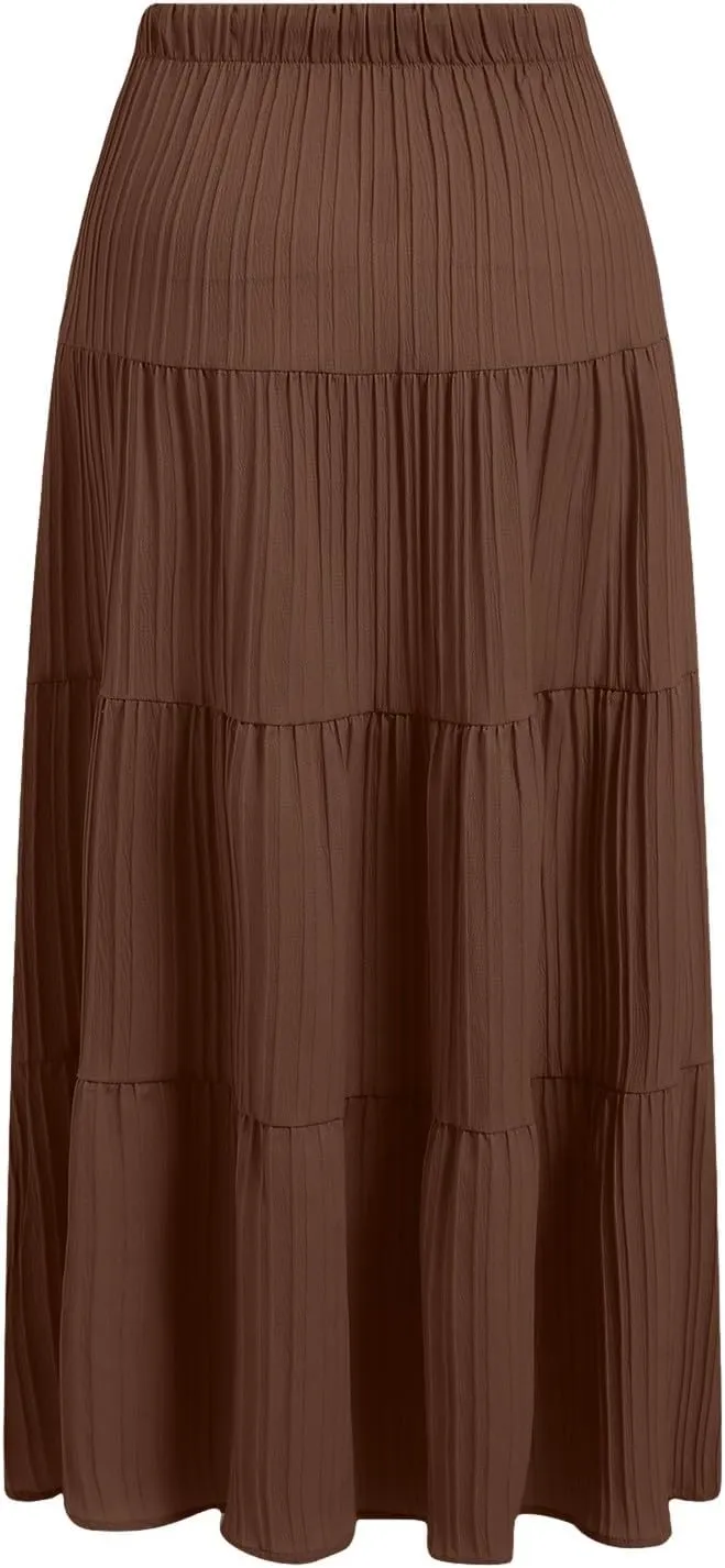 Skirt for Women Summer 2025 Trendy Boho Elastic High Waisted A-Line Flowy Ruffle Swing Long Tiered Maxi Skirts